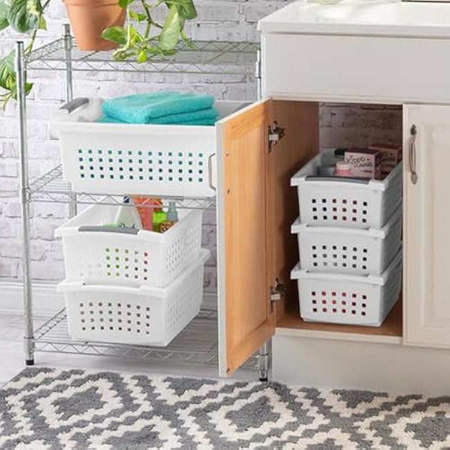 Sterilite 10-Pack Medium Stacking Basket, Open Top Plastic Storage Organizer, White - Stackable Crate Containers for Countertop, Cabinet, Pantry Shelf, Laundry Room, Bathroom & Home Office