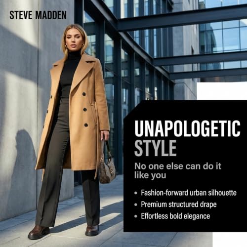Image of Steve Madden Trench Coat for Women - Double-Breasted Long Winter Faux Wool Coat