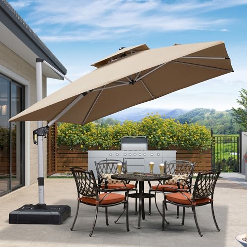 PURPLE LEAF Sonnenschirm Balkon 300 x 300 cm Ampelschirm Drehbar Marktschirm Groß 360°Rotation, Gartenschirm mit Kurbel, XXL Sonnenschutz UV50+, Beige
