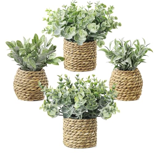 Small Fake Potted Plants: 7 Inches Artificial Plants with Seagrass Handwoven Planters, Indoor Farmhouse Decorations, Eucalyptus Plant for Home Bathroom Office Shelf Tabletop Desk Room Decor or Gift