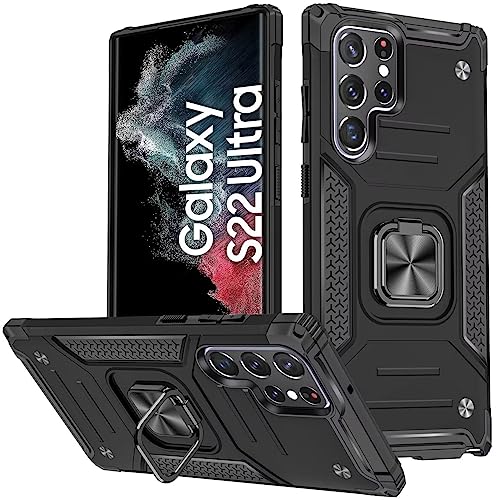 KANSi Funda para Samsung Galaxy S22 Ultra, Capa Anillo iman Soporte Hard PC y Silicona TPU Antigolpes Armor Carcasa - Negro