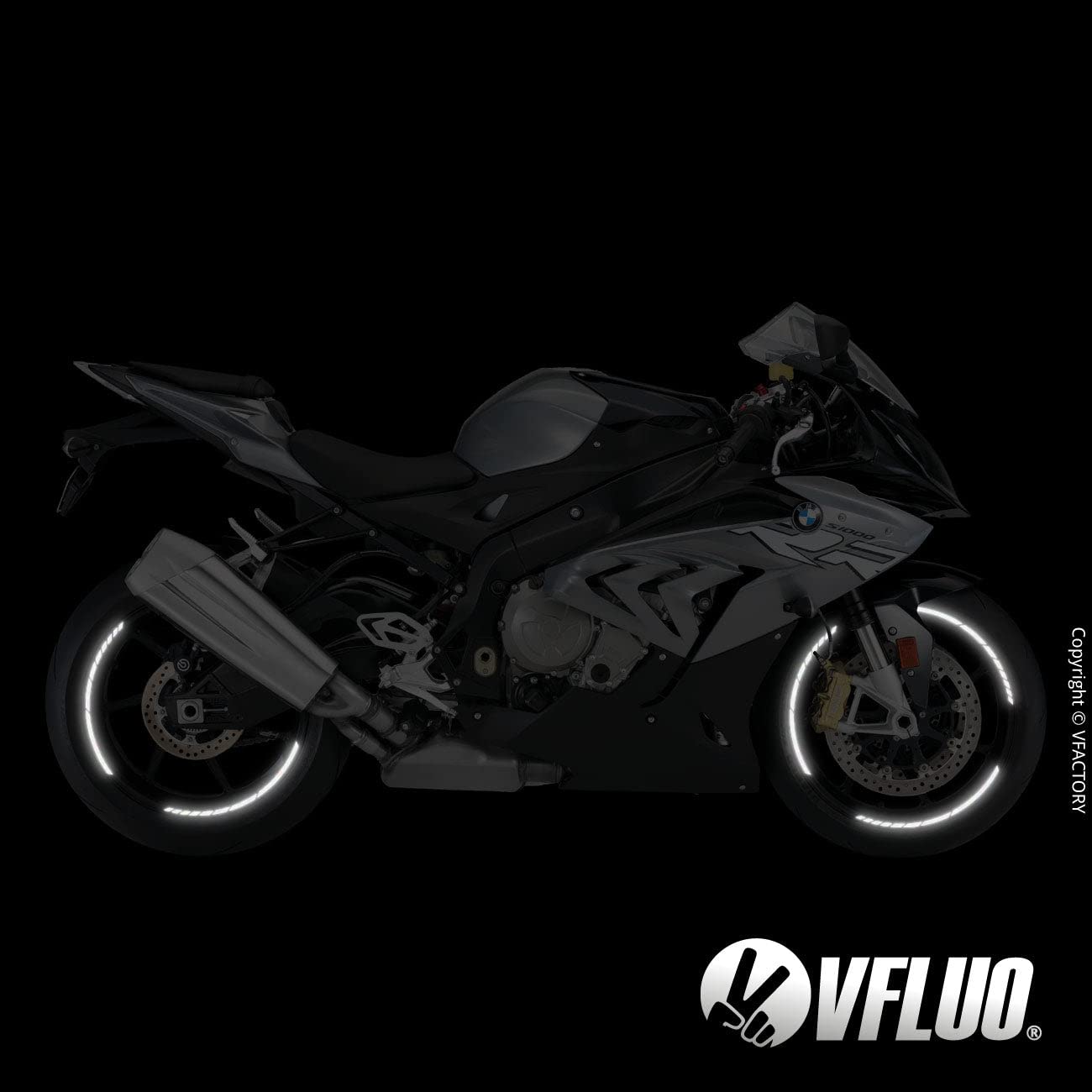 VFLUO - 2 x Kit Reflektierende Felgenrandaufkleber GP Motorrad, Aufkleber für 2 Räder 3M™-Technologie™, 360°-Kreis - Hohe Sichtbarkeit von der Seite – Diskret und Design – Einfache Installation