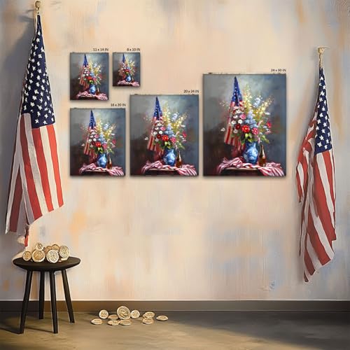Image of Memorial Day Canvas Wall Art, Patriotic American Flag with Flowers Print, Rustic Veterans Day Oil Painting, USA Independence Day Poster Framed Artwork for Living Room and Office Decor 20x24inch
