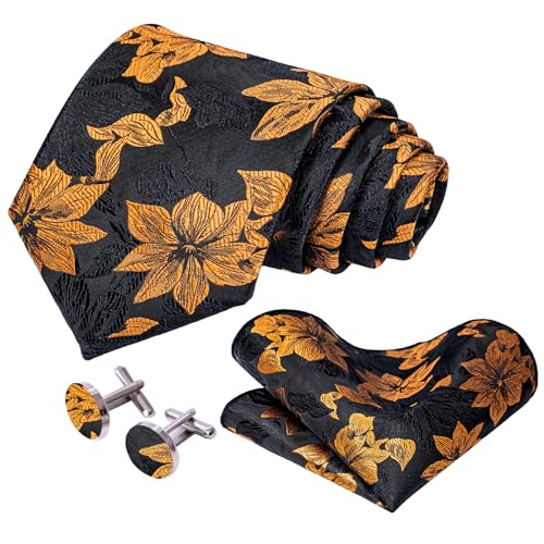 Image of 5PCS Tie and Pocket Square for Men, Silk Necktie and Handkerchief Cufflinks with Gold Ring and Lapel Pin Set