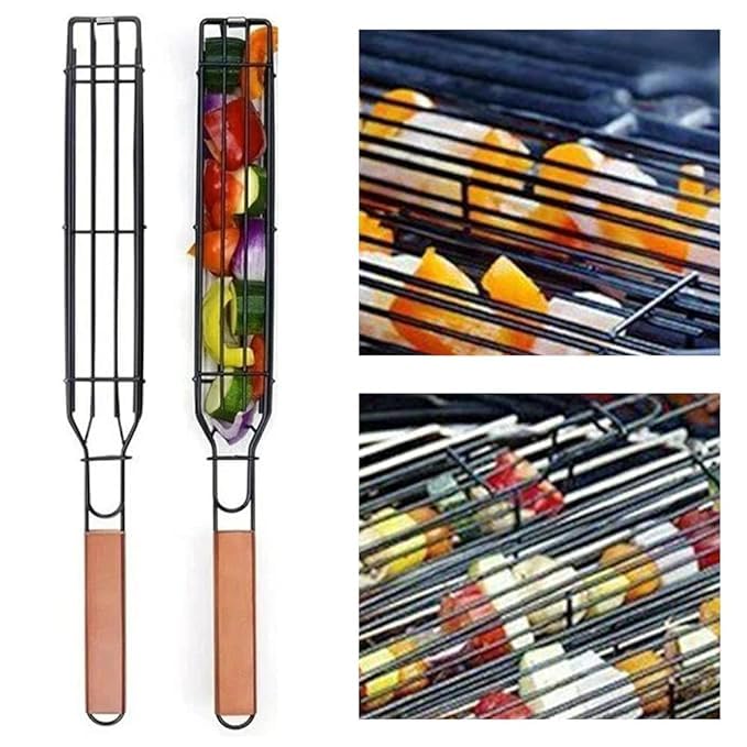 Nonstick BBQ Kabab Grilling Basket,Roasting Grill Net,Stainless Steel Mesh Barbecue,Rotisserie Basket,Hotdog Vegetables Shrimps Meats Roasting Basket with Wooden Handle