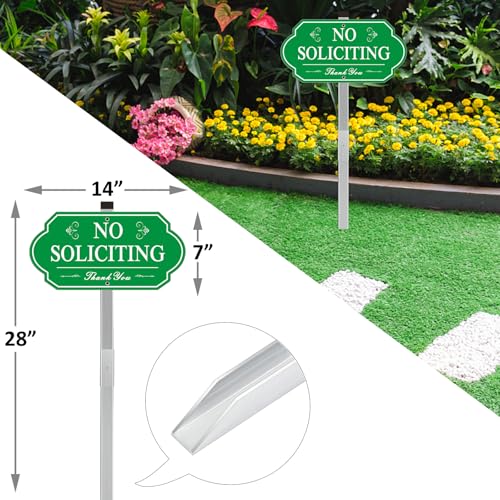 Image of Heavy Duty No Soliciting Sign for House - All Metal Construction No Soliciting Yard Sign - 14 inch x 7 inch - Aluminum - with 28 inch Long Stake (Green)