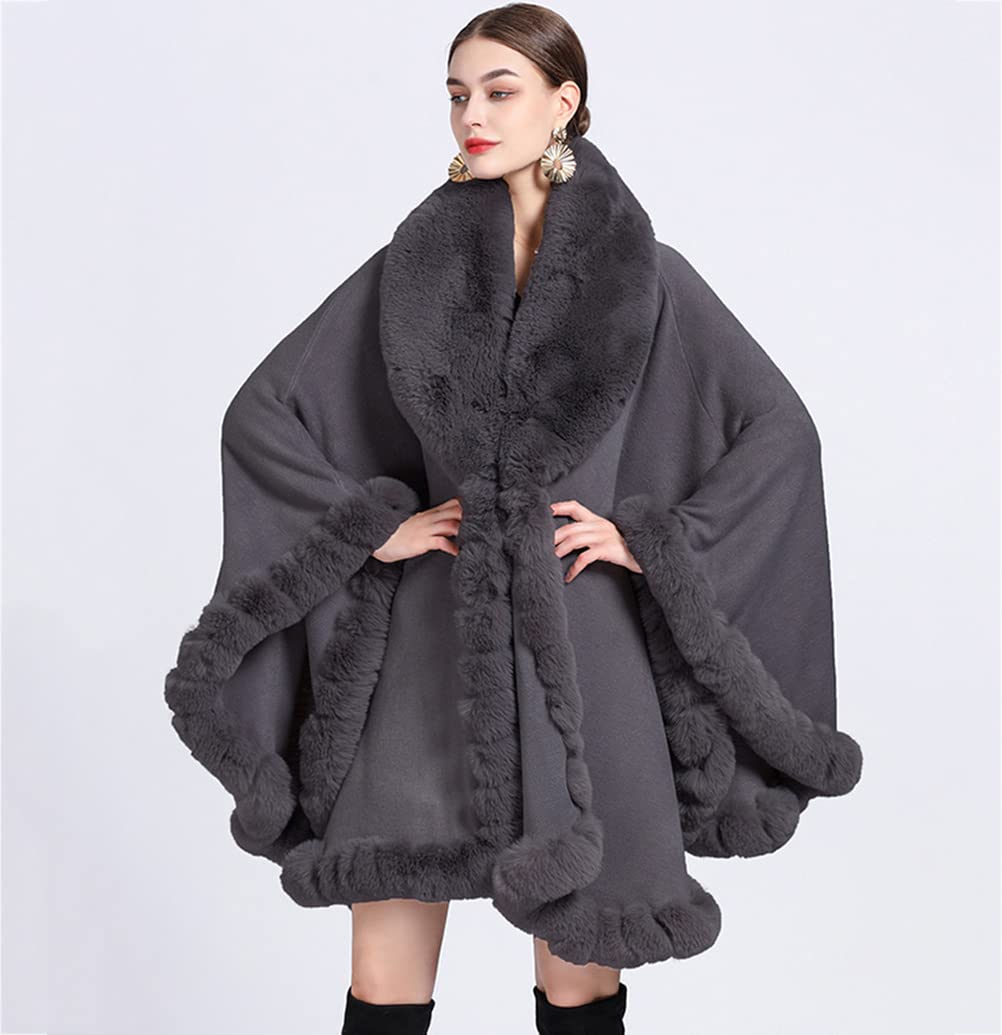 Cape en Fausse Fourrure Manteau de Laine Manches Longue Automne Hiver pour Femme, Manteau d'hiver,Dark Gray