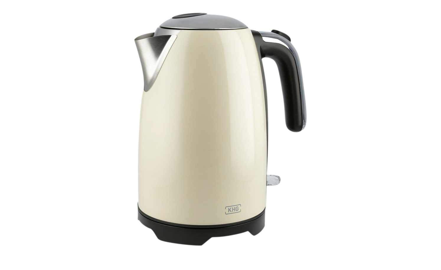 KHG Retro Wasserkocher WK-1714 CE Edelstahl creme beige 1,7 Liter, auswaschbarer Kalkfilter, Wasserstandsanzeige, Trockengehschutz & Abschaltautomatik, verdecktes Heizelement, BPA-frei, 2200 Watt