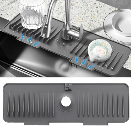 17.7"×5.5" Sink Splash Guard,Silicone Faucet Mat for Kitchen Bathroom Sink,Draining Mat Faucet Handle Drip Catcher Tray, Sink Organizer Holder for Sponge Dish Soap