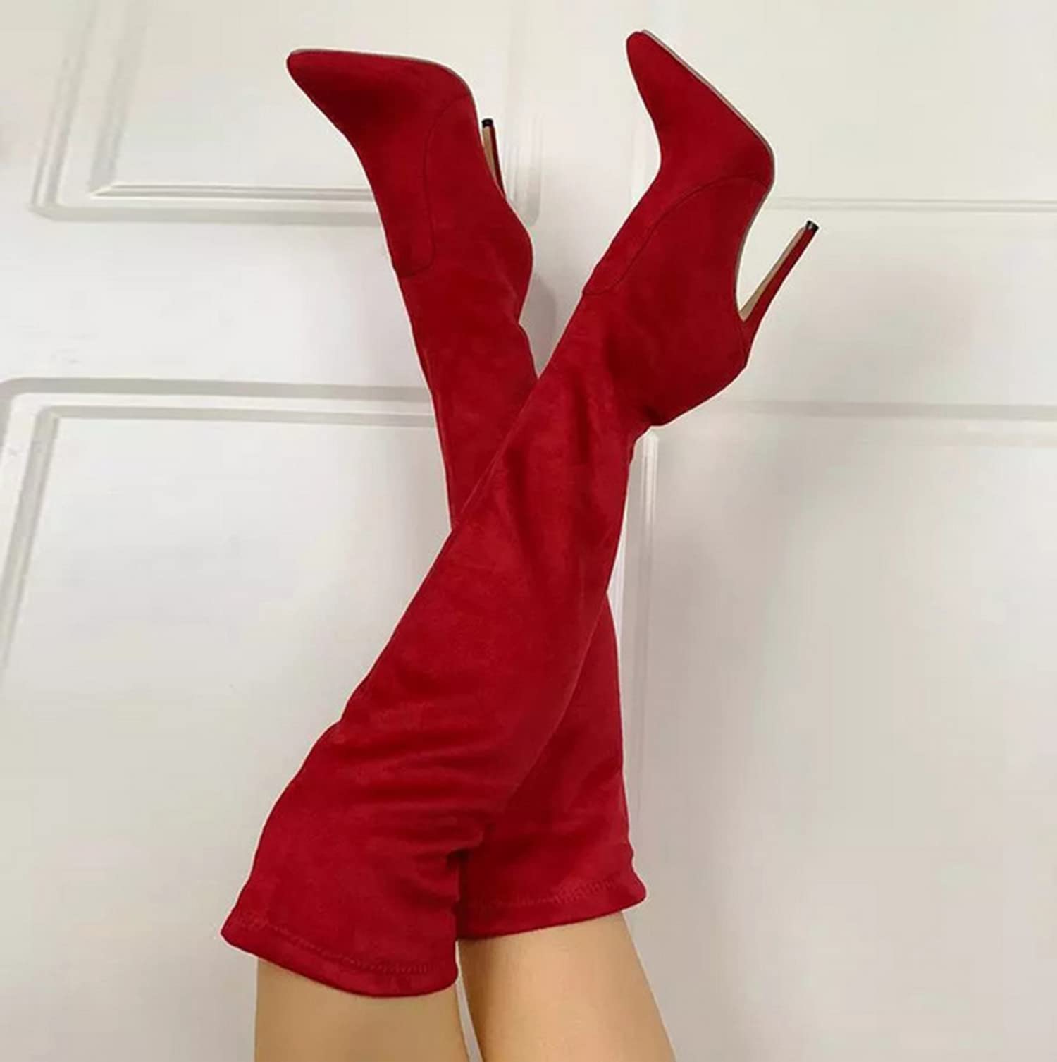 Femmes Stretch Suede Cuissardes Sexy 4.3 Pouces Talon Aiguille sur Les Bottes Au Genou Bout Pointu Élasticité Robe Bottes Longues Chaussures