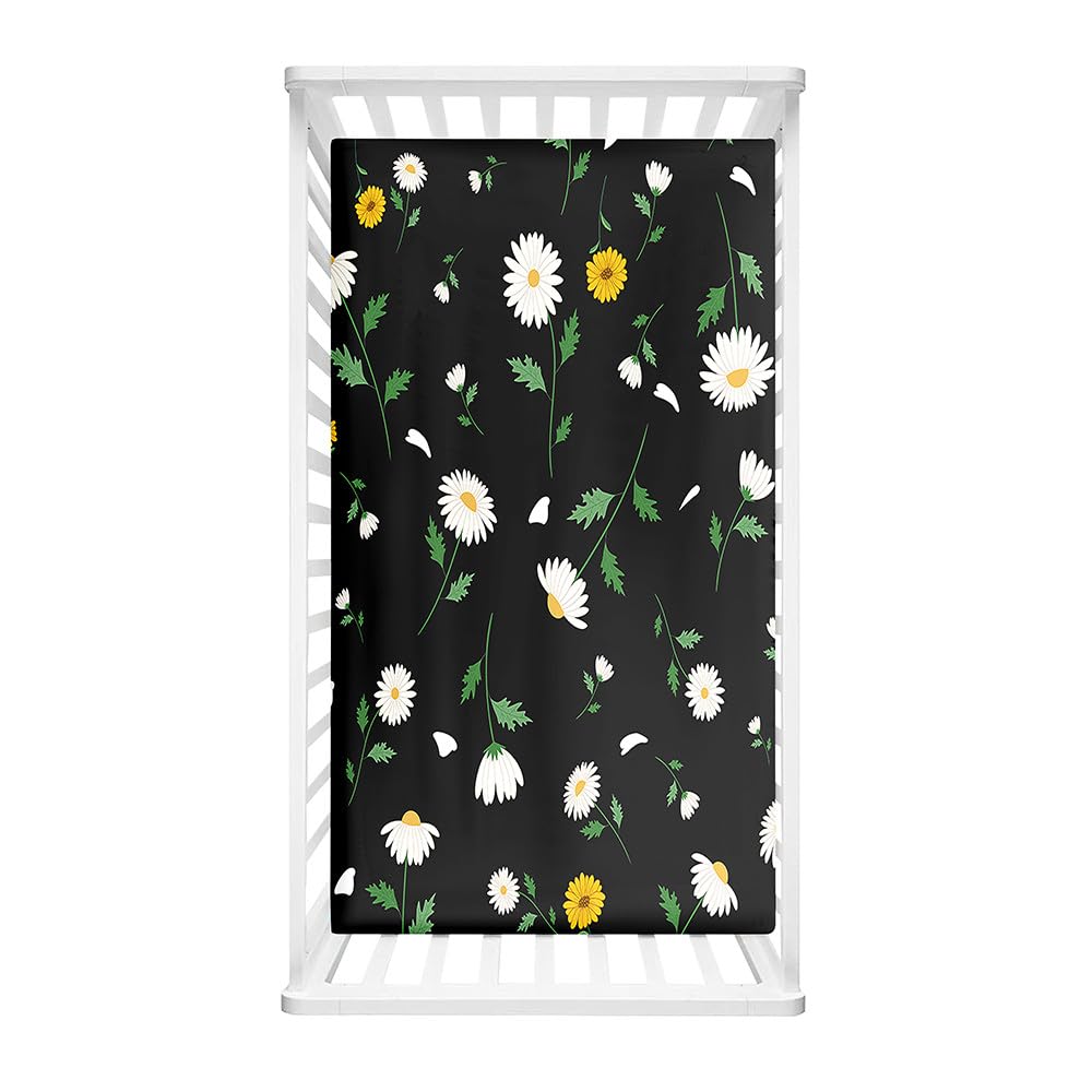 Morbuy Cot Bed Sheets, Bedside Cribs Fitted Sheets Newborn Pram Sheets Fitted, Crushed Flower Print Microfiber Cot Bed Mattress Protector, Bassinet Sheets, Easy Care (160x80cm,Black)