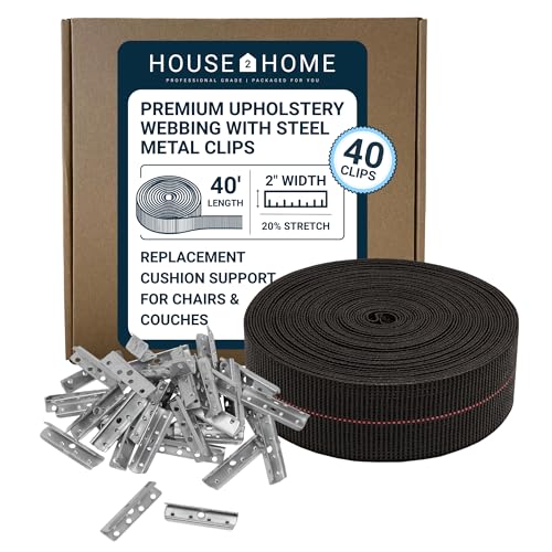 House2Home 2 x 40 Upholstery Webbing Roll with Metal Clips Elastic Furniture Support Strap for Sofa Chair Cushion Repair Couch Cushion Support Replacement for Outdoor Furniture Frame Restoration