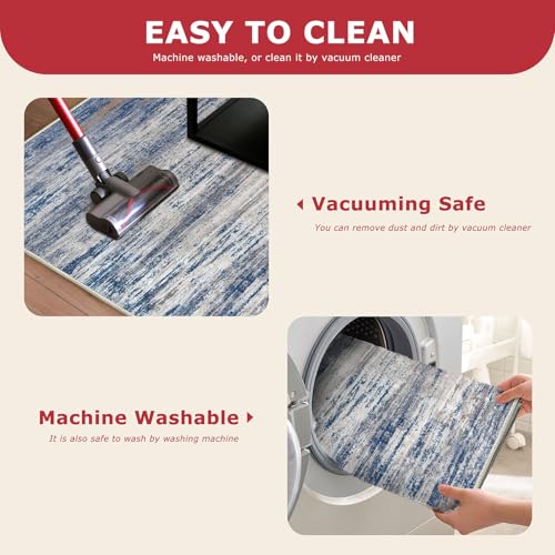 KOZYFLY Modern Abstract Washable Rug Runner 2x6 Runners for Hallways Non-Slip Soft Kitchen Runner Rugs, Print Distressed Grey-Blue Striped Carpet Runner for Entryway Bathroom Laundry Room Foyer
