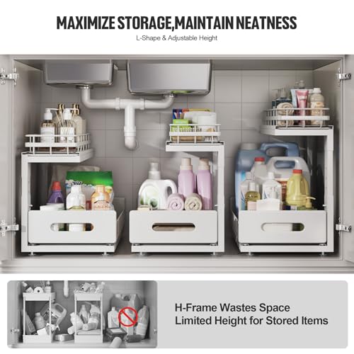 Image of Under Sink Organizer Upgrade To Professional Rails,2-Tier Dual Pull Out Cabinet Storage,Height Adjustable Slide Out Drawers For Bathroom Kitchen,2 Pack-14.5 inch Dx12.8-16.9 inch H,White