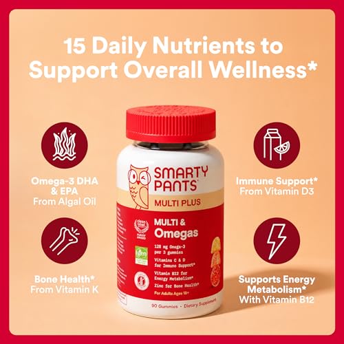 SmartyPants Plus Multi & Omegas Men and Women's Multivitamin Gummies with Omega 3 DHA/EPA, Vitamin D3, C, B12, B6, A, K, Zinc, Biotin, Clean Label, Three Fruit Flavors, 90 Count (30 Day Supply) - image 2