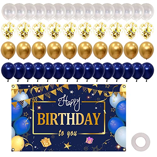 Iayokocc 16358469961594 Happy Birthday Backdrop,Navy Blue And Gold Birthday Party Backdrop,Birthday Photography Background cover