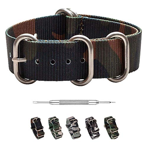 Benchmark Basics Camo Watch Band - Heavy Duty 5-Ring Zulu Hardware - Ballistic Nylon One-Piece Military Watch Straps (18mm, Brown & Green)