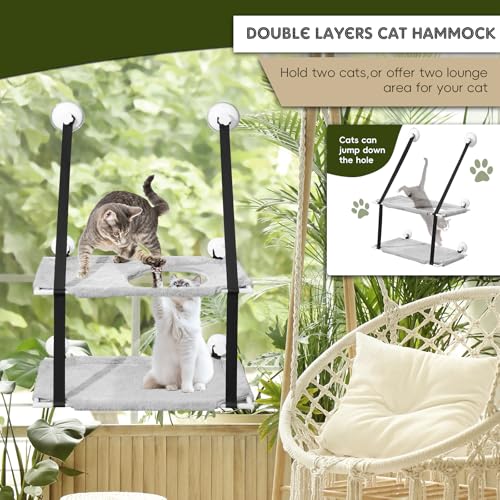 Cat Window Perch, Double Layers Cat Hammock with 6 Stable Screw Suction Cups, Foldable Cat Window Bed Hold Two Cats, Cat Window Seat with Flannel Cat Shelves for Wall - Image 3
