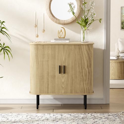 FiveWillowise 31''W Natural Buffet Sideboard Cabinet with Storage, Fluted Storage Cabinet with Curvy Edge; Sliding Door, Freestanding Accent Credenza, Console Table for Living Room, Kitchen, Hallway