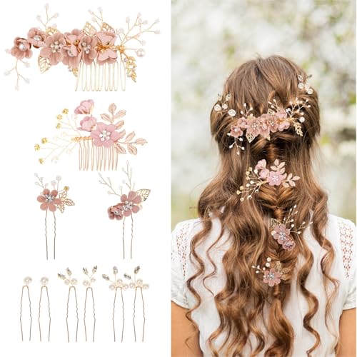 Floral Hair Comb Set for Women - 10PCS Bridesmaid Hair Accessories with Pink Flower Hairs Pins Victorian Hair Clips for Wedding Prom Mother of Bride Flower Girl (Rose Gold Fake Flowers)