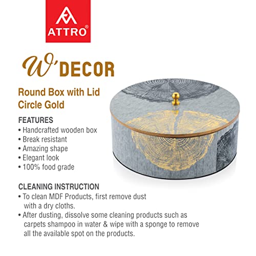 Image of Attro Circle Gold Designer Wooden Round Multipurpose Box with Lid for Kitchen Storage Box, Chapati Box, Chocolate Box