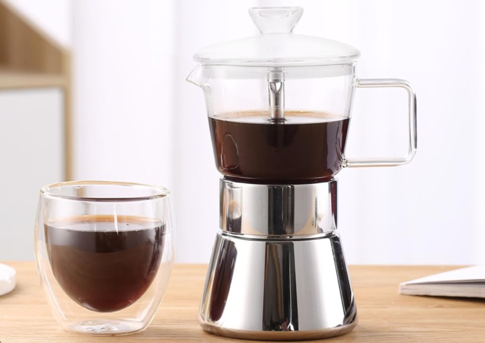 Olla de café espresso y moca de vidrio de borosilicato, doble válvula de acero inoxidable, cafetera italiana clásica, 240 ml (4/6 tazas)
