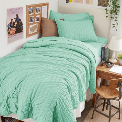 Image of HYMOKEGE Mint Green Twin XL Comforter Set Seersucker 5 Pieces, All Season Luxury Bed in a Bag for Bedroom, Bedding Set with Comforter, Sheets, Pillowcase & Sham