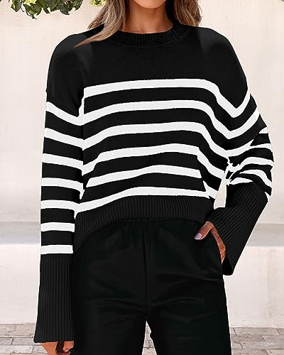 Image of KIRUNDO Women's Striped Knit Oversized Fall Sweaters 2026 Trendy Clothes Crewneck Winter Pullover Sweater Side Split