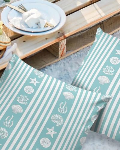 Turquoise Coastal Outdoor Pillow Cover 24x24 Inch Cushion Sham Case,Waterproof Decorative Square Throw Pillowcase for Garden Patio Porch Couch Chair Starfish Shells Jellyfish Coral Geometric Striped