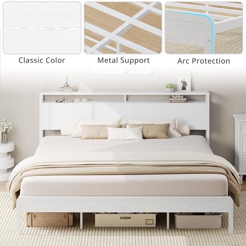 Image of LIKIMIO King Bed Frame with Headboard, Wood Camas King with Strong Supports, Sturdy, Noise-Free, No Box Spring Needed, White