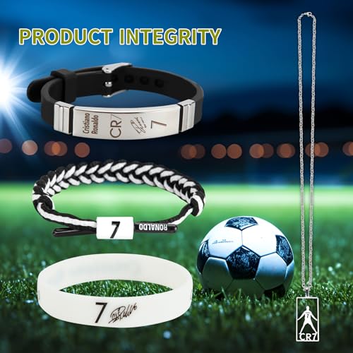 set of 4 ronaldo stuff ronaldo necklace signature black wristband hand weave bracelet white sports wristband c-ristiano ronaldo merch ronaldo jersey no 7 collection metal gift box