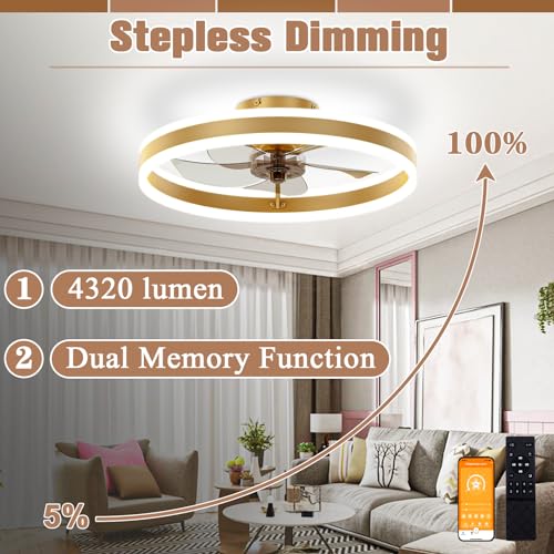 Image of VOLISUN Low Profile Ceiling Fans with Lights and Remote, 19.7in Flush Mount Ceiling Fans with Light, 3000K-6500K Dimmable Fandelier LED Fan Light, Gold Bladeless Ceiling Fans with Lights for Bedroom