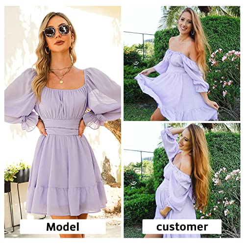 EXLURA Women Tie Back Long Lantern Sleeve Square Neck Ruffle Dress Elastic Waist Aline Casual Mini Dress Purple