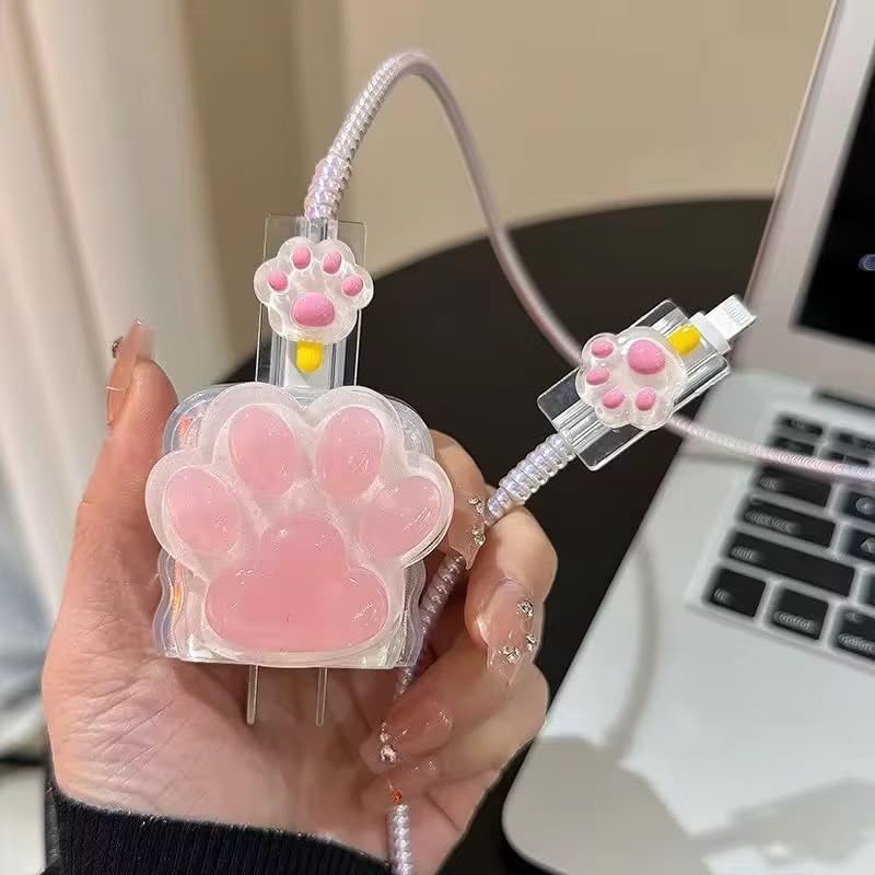Image of Compatible with iPhone Cute Cat Charger Case Cover | Cartoon Character Silicone Charger Case Cover for 18-20W 360 Degree Full Protection Cover (Pink Claw NEW)