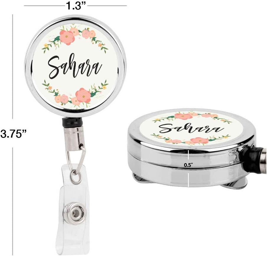 Andaz Press Retractable Badge Reel Holder with Clip, Heavy Duty Metal Name Tag Retractable ID Key Belt Clip Ivory Peach Flowers, Floral Custom Name