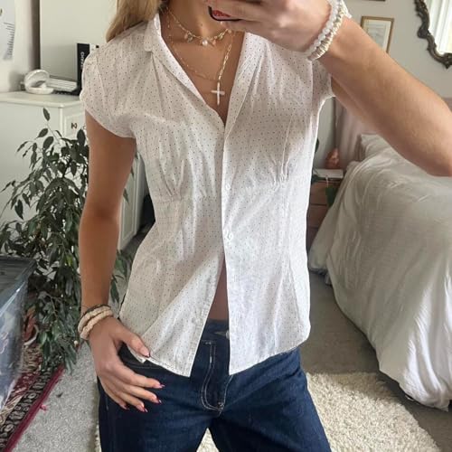 Image of Y2k Girls Vintage Coquette Button Down Shirt Women Short Sleeve V-Neck Slim Fitted T-Shirt Cute Blouse Crop Top