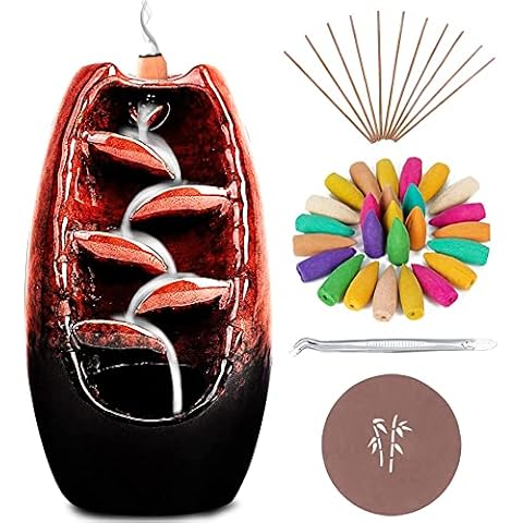 Anbar Backflow Incense Burner with 120 Cones, 30 Sticks, Tongs, and Table Mat, Natural Aromatherapy with Ceramic Smoke Waterfall, Supports Meditation and Relaxation, Home Decor (Red) Cover