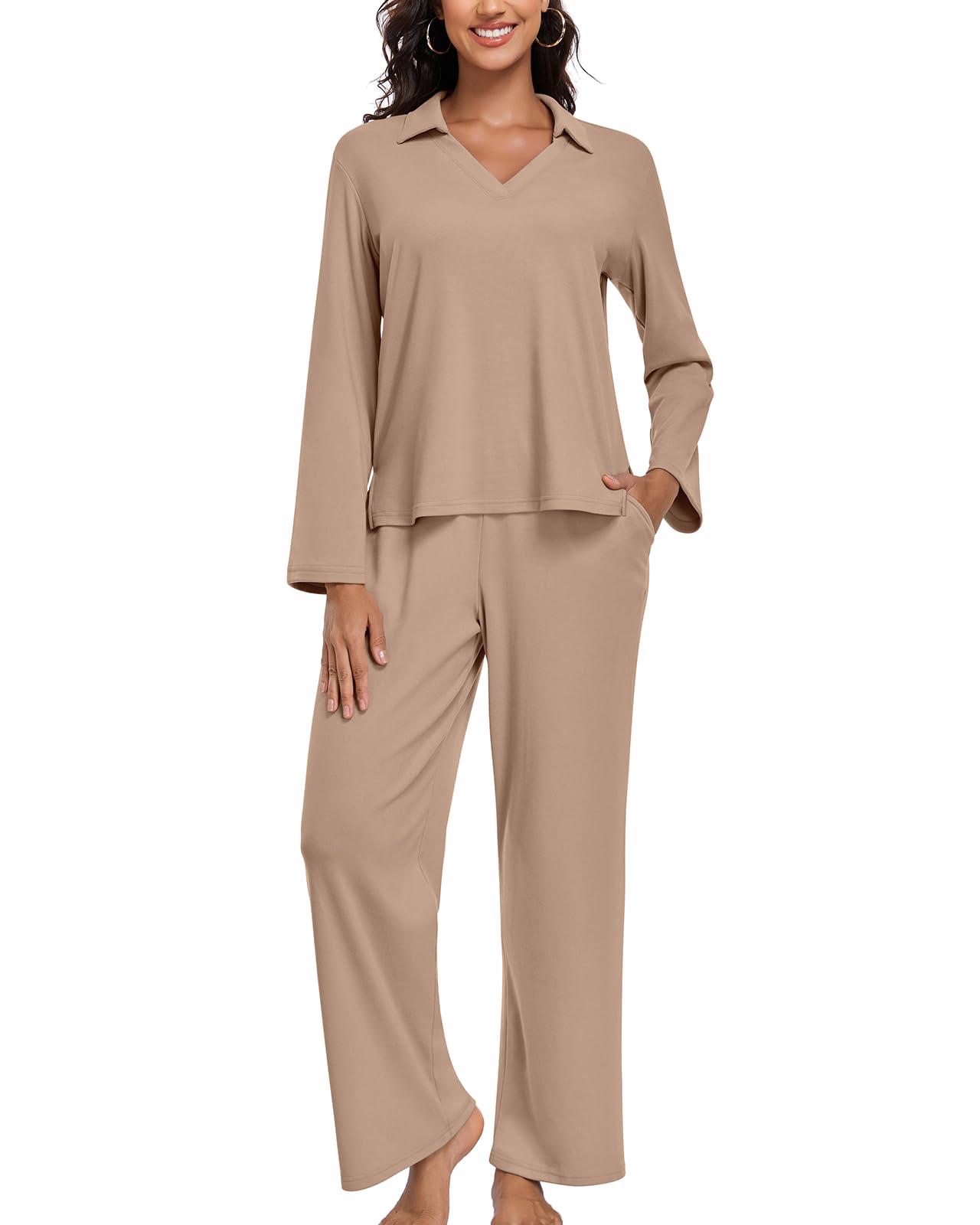 LEYSHE Hausanzug Damen Elegant Zweiteiler Lounge Set Warm Homewear Damen Set V-Ausschnitt Freizeitanzug Schlafanzug Winter