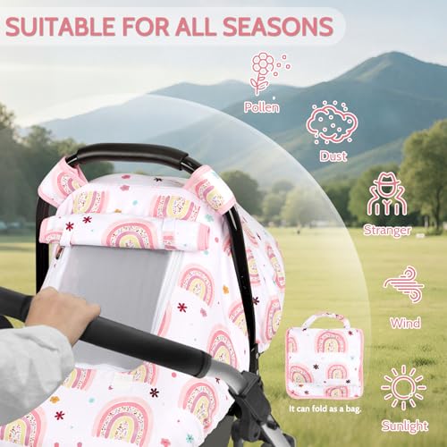 Image of Pea Pod Car Seat Cover Baby, Infant Car Seat Canopy Covers with 2 Layers Windows of Breathable Mesh Fabric, Lightweight Polyester, Soft Minky Dot Backing (Rainbow & Floral Pattern)