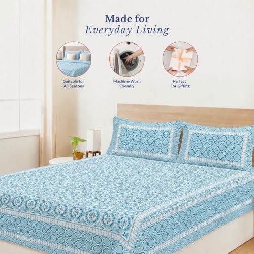 Image of Jaipur Weaves Jaipuri Double Bed Cotton Bedsheet Queen Size 90x85, 120 TC 100% Pure Cotton Bed Sheet with 2 Pillow Covers, Floral Traditional Print (Blue Floral, Double)
