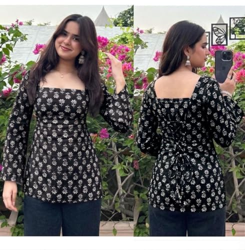 Image of Women's Rayon Printed Short Kurti | Straight Fit Casual Ethnic Top | Square Neck Full Sleeve Ladies Kurti Office College