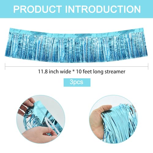 Image of BEISHIDA 3 Packs Metallic Foil Fringe Garland Baby Blue Wall Hanging Tinsel Fringe Banners for Car Floats Bridal Shower Wedding Birthday Easter Graduation Holiday Party Decoration(30 Feet)