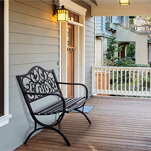 Phi Villa 50-Inch Cast Iron Steel Frame Garden Bench Outdoor Patio Bench Chair W/Floral Design Backrest, Slatted Seat For Park, Yard & Porch, Black #TOP5