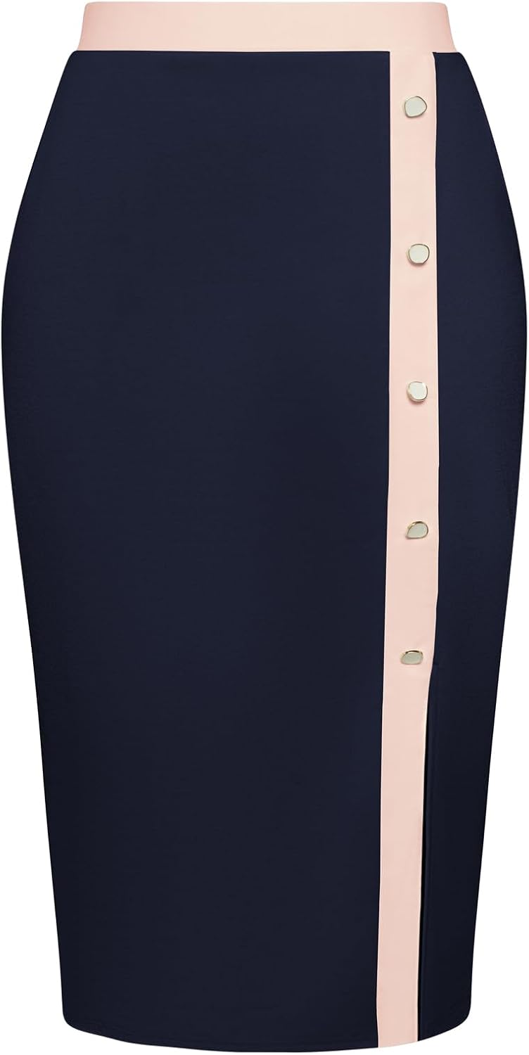 Kate Kasin Womens Business Pencil Skirt Elastic High Waist Below Knee Bodycon Casual Midi Skirt with Slit 2025