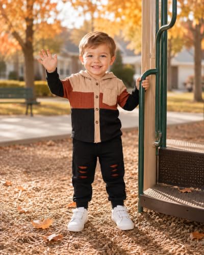 Image of Renotemy Toddler Baby Boy Clothes Winter Hoodie Flannel Boys Outfits 12M-4T | Toddler Boys Outfits,Fall Winter Long Sleeve Hoodie Sweatshirt Clothes Set,Infant Boys Flannel Plaid Top Ripped Pants Set