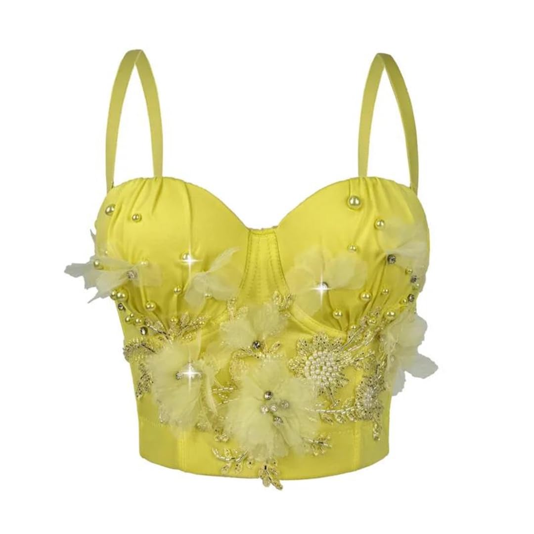 Yeuyyben Corsetto da donna fatto a mano con perline floreali crop top senza maniche canotta elegante estate canotta