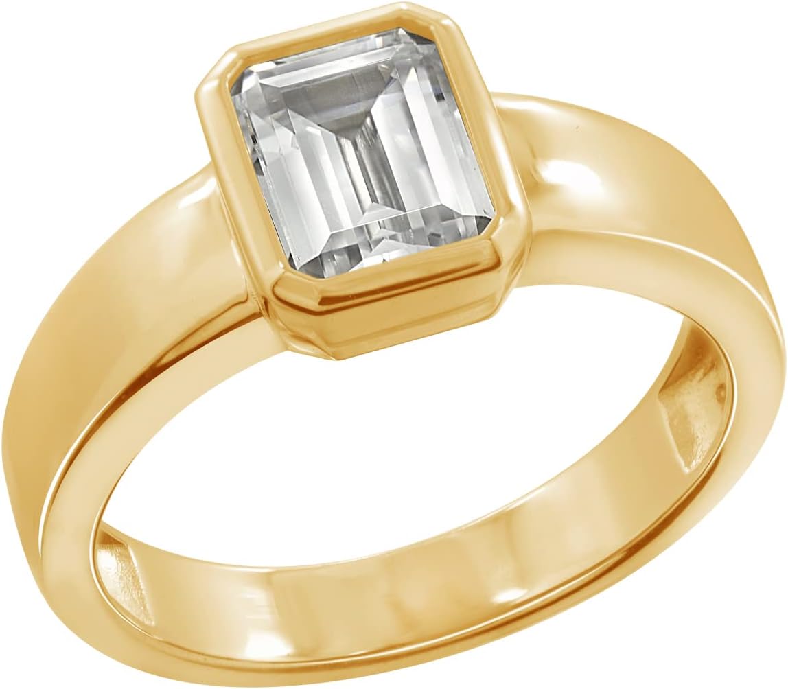 DIAMONBLISS Yellow Gold Plated Sterling Silver Clear Emerald Cubic Zirconia Bezel Engagement Ring