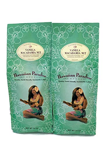 Hawaiian Paradise Coffee Ground Vanilla Macadamia Nut (2 x 24oz Bundle) 100% Gourmet Arabia - Premium rich flavored bold signature brewed coffee - finest beans