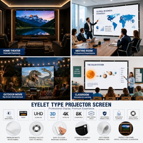 Image of Eyelet Projector Screen 96 Inch (195 cm W x 146 cm H /6.40 FT W x 4.80 FT H) 4:3 Aspect Ratio 1.2 Gain Matte White Full HD 1080P UHD 3D 4K & 8K