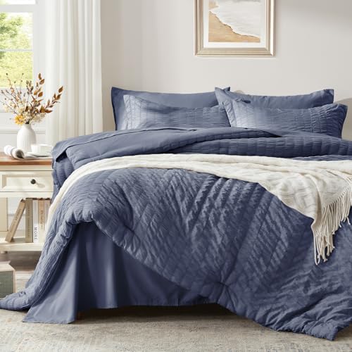 Image of Zzlpp Full Comforter Set 7 pieces, Greyish Blue Seersucker Bedding Set with 1 Comforter, 2 Pillow Shams, 2 Pillowcases, 1 Flat Sheet, 1 Fitted Sheet